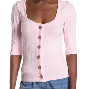 Free People Central Park 3/4 Sleeve Cardigan Sweater XS Square Neck Ribbed Pink